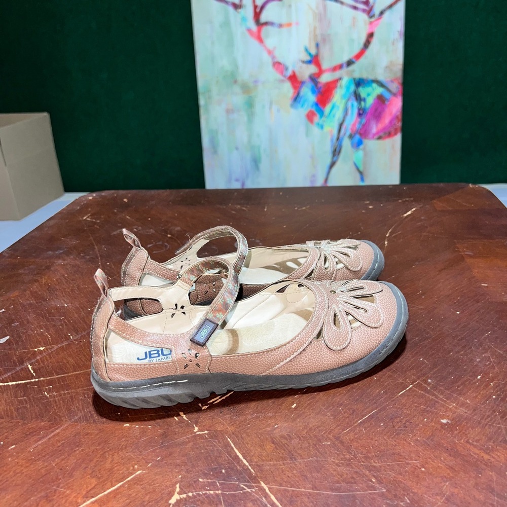 JBU by Jambu Womens Tan Floral Laser Cut Mary Jane Memory Foam Flats Size 9.5W